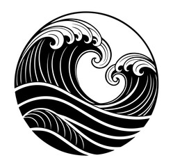 Black and white wave in circular shape, stylized ocean wave tattoo design with bold lines and Japanese inspired sea illustration