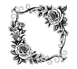 Vintage black and white floral rose frame with detailed hand-drawn leaves and swirling vines, elegant botanical border illustration for invitations and decorative design