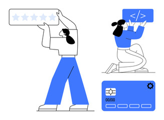 Woman holding a five-star rating banner, individual coding with a laptop, digital credit card interface. Ideal for technology, teamwork, user feedback, coding, e-commerce, payment systems simple