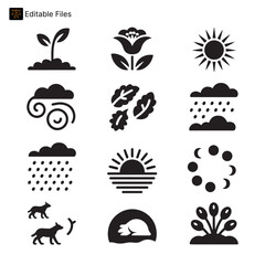 Weather, Nature, and Wildlife Icons: Plants, Animals, and Environmental Changes