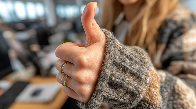 Close-up of a businesswoman giving a thumbs up gesture while using a computer in an office, indicating approval for investment