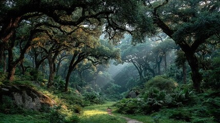   A path through a dense forest, flanked by tall trees on either side, leading to a cozy bench at its end