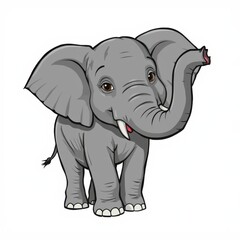 Fototapeta premium A cheerful cartoon elephant with large ears and a raised trunk, set against a clean white background.