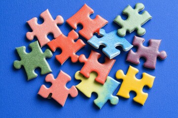 Teamwork and problem solving concept - colorful puzzle pieces on blue background