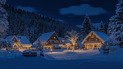 Fototapeta premium Snow-covered village homes at night.