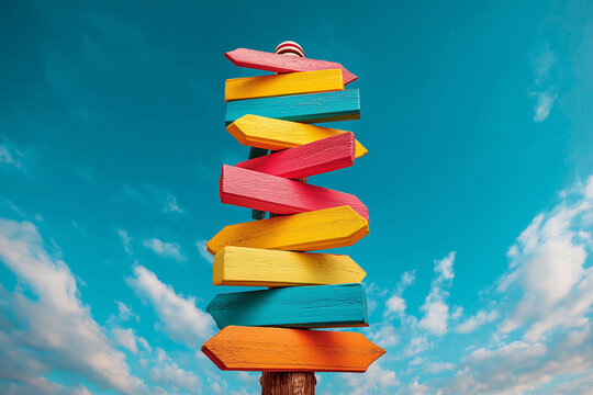 A sign post with colorful arrows pointing in different directions