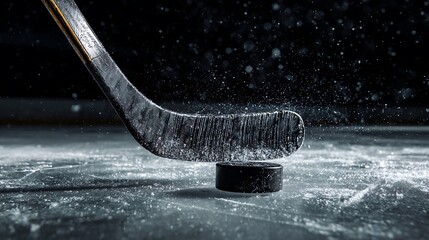 Close up of a hockey stick blade hitting a puck on the ice creating a spray of ice particles