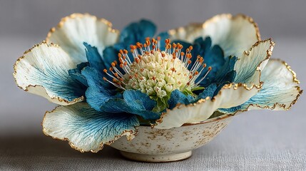   A blue and white flower rests in a white bowl on a gray background, featuring gold accents surrounding its center