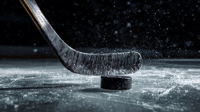 Close up of a hockey stick blade hitting a puck on the ice creating a spray of ice particles