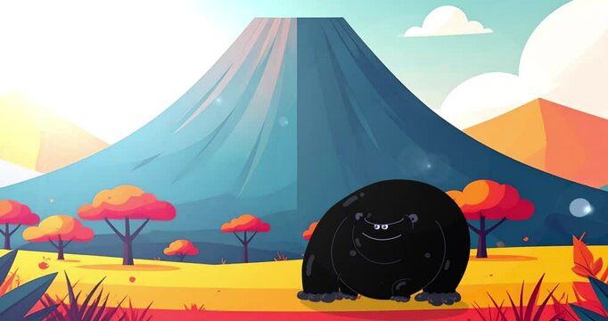 Cartoon character gorilla animal walking and sitting. Big black monkey good for fairy tales, illustration. Cute big African animal on savannah background with big mountain and tropical trees.