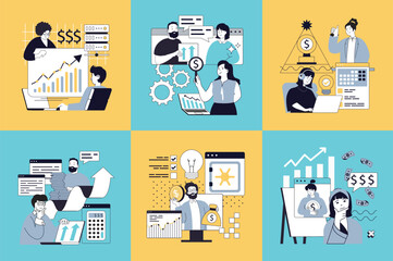 Business technology concept of social media banners set for web design. People analyzing finance data, planning strategy, investing, earning money, brainstorming, meeting online. Vector illustrations.