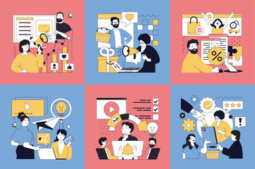 Digital content marketing concept of social media banners set for web design. People making internet advertising, online promotion for attracting clients, offering bonus, gifts. Vector illustrations.