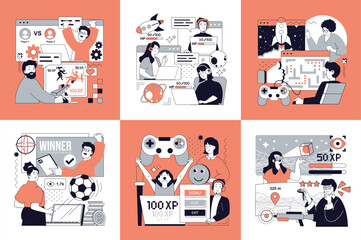 E-sport and video game concept of social media banners set for web design. People playing video games online, streaming gaming, players winning cybersport virtual competition. Vector illustrations.
