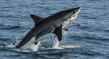 Fototapeta premium A magnificent predatory shark bursts from the ocean waves, revealing its formidable presence in the wild