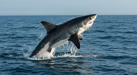Fototapeta premium A powerful ocean predator dramatically breaches the deep blue water, creating an impressive splash.
