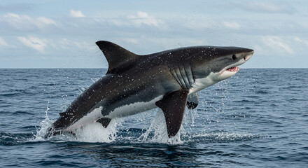 Fototapeta premium A powerful shark leaps majestically from the ocean waves, showcasing its incredible strength and agility in the wild.