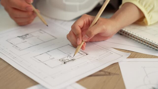 Architect and safety engineer discussion about building blueprint displaying on laptop on table with architectural document and wooden block scatter around at modern office. Closeup. Delineation.