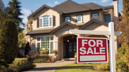 For Sale sign in front of beautiful house. Dream home awaits!