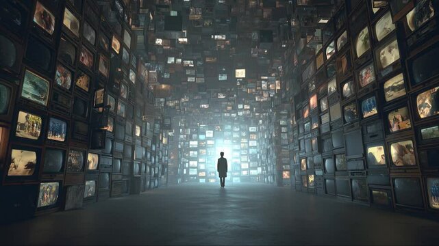 Man standing in surreal room filled with stacked vintage televisions, glowing screens creating futuristic ambiance.
