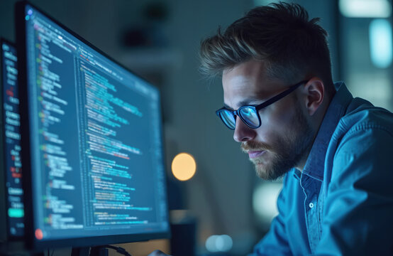 Programmer wearing glasses analyzes data on computer screen displaying code. Focuses on cybersecurity research with glowing lines of html script. Nighttime office setting with programmer working on