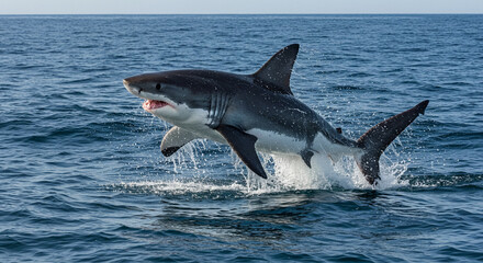 Fototapeta premium An immense marine predator explodes from the ocean waves, showcasing its raw power and agility.