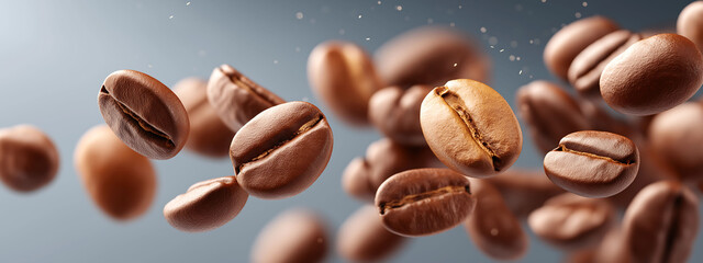 Obraz premium Close-up of golden roasted coffee beans flying in the air. High-quality product photography with soft shadows and clean sharp focus