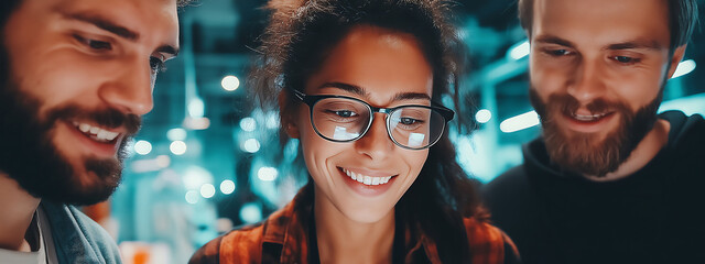 A diverse group of professionals working together on a tablet in a modern office setting, discussing and brainstorming ideas for a creative startup