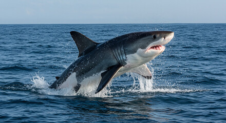 Fototapeta premium A powerful great white shark dramatically leaps from the deep blue ocean creating a spectacular splash.