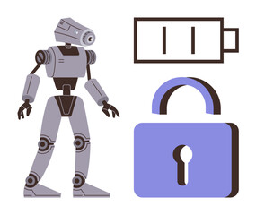 Humanoid robot with mechanical joints, battery icon symbolizing energy, and a padlock for security. Ideal for AI, robotics, energy, cybersecurity, digital transformation, innovation simple landing