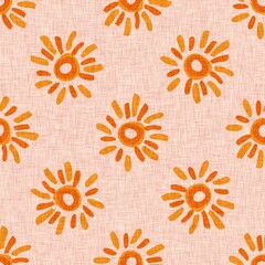 Bright orange sunny sky seamless pattern. Freehand playful nursery sunshine summer background. 