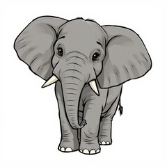Fototapeta premium Adorable cartoon elephant with big ears and tusks against a stark white background looking forward.