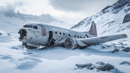 Abandoned airplane wreckage on snowy terrain depicts the beauty of an old aircraft against a stunning backdrop.