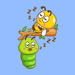 illustration of cute cartoon caterpillar sleeping on tree with bee