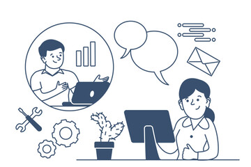 Linear business communication. Online workers communicating, call center or hotline. Company managers video calling, helpline, recent vector scene