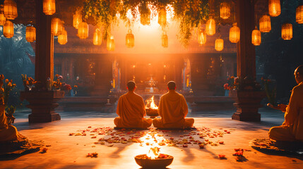 Buddhist monks meditating in a temple illuminated by lanterns and incense during a spiritual ritual