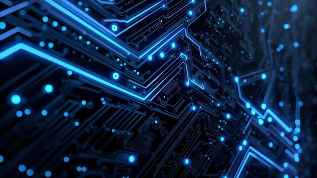 Close-up of a glowing blue digital circuit board with futuristic neon lines and connections. Concept of technology, innovation and electronic infrastructure
 - Powered by Adobe