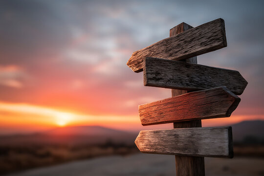 Wooden signpost in sunset sky, pointing in multiple directions, symbolizing choices and decisions in life, career, or travel