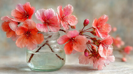  A white countertop holds two pink-flowered vases side by side
