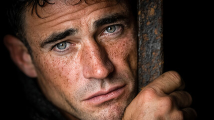 A man with blue eyes behind bars