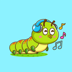 illustration of cute cartoon caterpillar listening music