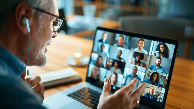 Senior man attending an online video conference with a diverse team on his laptop, wearing earphones and smiling. Concept of remote work, virtual meetings and digital collaboration
 - Powered by Adobe