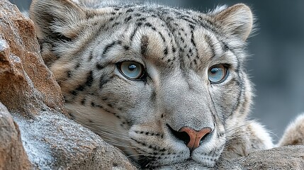 Naklejka premium Snow leopard face with rocks foreground and background