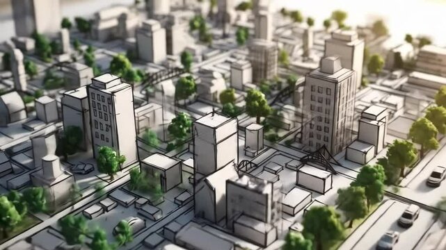 3d animated city map transitioning from sketch to detailed urban landscape for architectural and urban planning visuals