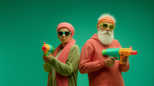 Elderly couple happily playing with water guns