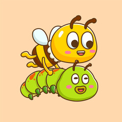 illustration of cute cartoon caterpillar and bee friendship