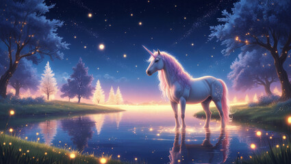 A magical white unicorn with glitter, a pink horn, and pink mane by a glowing lake, set against a starry sky and forest in the distance, creating a fairy tale atmosphere.