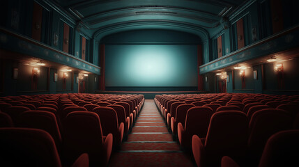 Naklejka premium Empty cinema auditorium with red seats and blank screen. Modern design for movie showtime