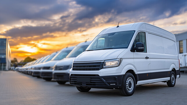 Row of clean white commercial vans parked neatly in an urban lot, warm sunset sky casting golden reflections on windshields, calm atmosphere symbolizes end of a busy logistics day