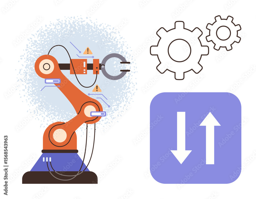 Aufkleber robotic arm performing tasks with mechanical gears and up-down arrows representing automation concep