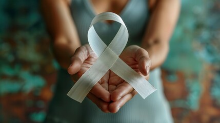 Woman presents white ribbon in her palms, against mottled background, focus is on ribbon